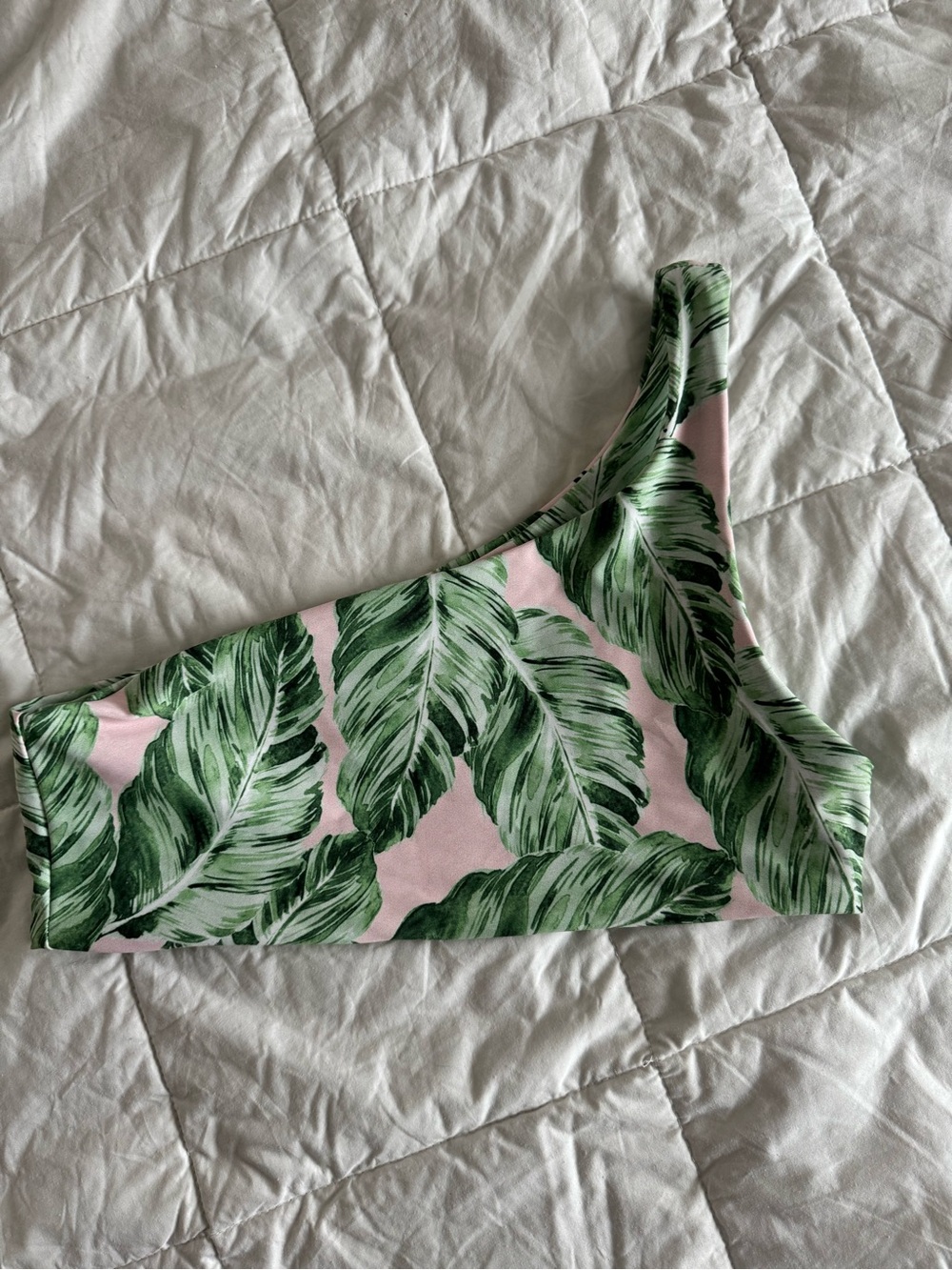 Skatie Leaf Print One-Shoulder Bikini Top in Green and Pink